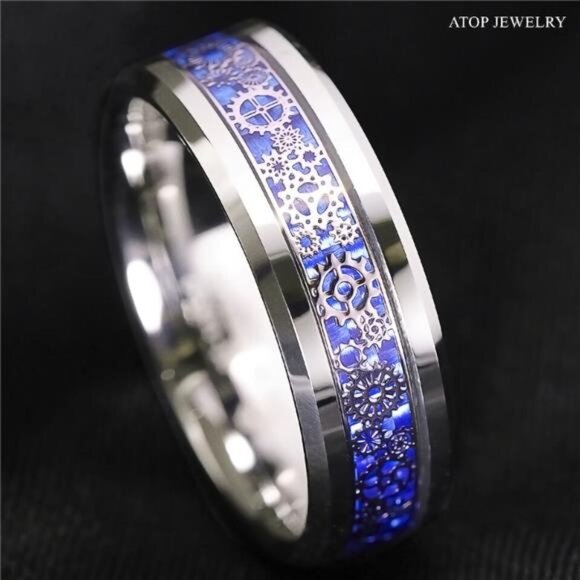 Men's Wedding Band Ring with Clockwork Gears and Blue Carbon Fiber - Picture 2 of 6